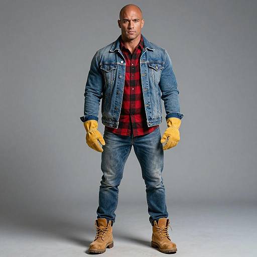 Man in Denim Jacket and Workwear Outfit with Gloves and Boots