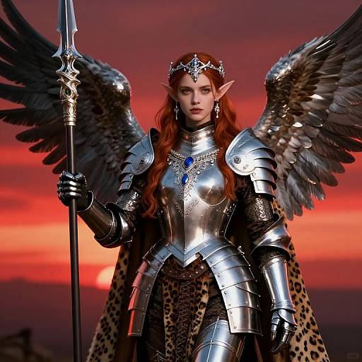 Fantasy Elf Woman Warrior with Wings and Silver Armor at Sunset