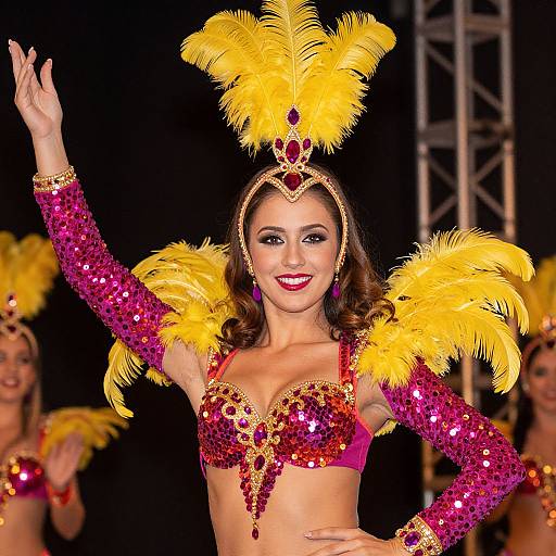 Vibrant Showgirl in Purple Sequin and Yellow Feather Costume