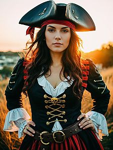 Woman in Pirate Costume Outdoor Cosplay Portrait in Sunset Light