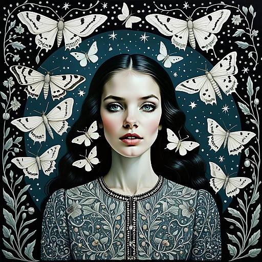 Portrait of Woman Surrounded by White Butterflies with Floral Patterned Dress