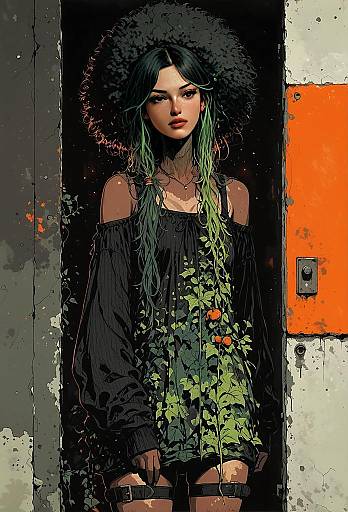 Stylized Digital Portrait of Woman with Green Hair and Floral Dress