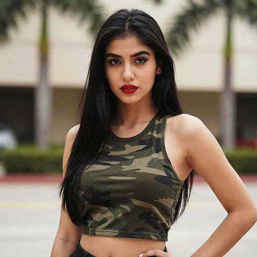 Confident Young Woman in Camouflage Crop Top Outdoors
