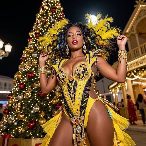 Woman in Yellow Carnival Costume with Christmas Tree Background