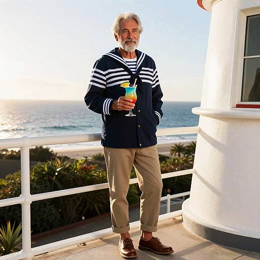 Elderly Man in Nautical Sweater Enjoying Cocktail by the Ocean
