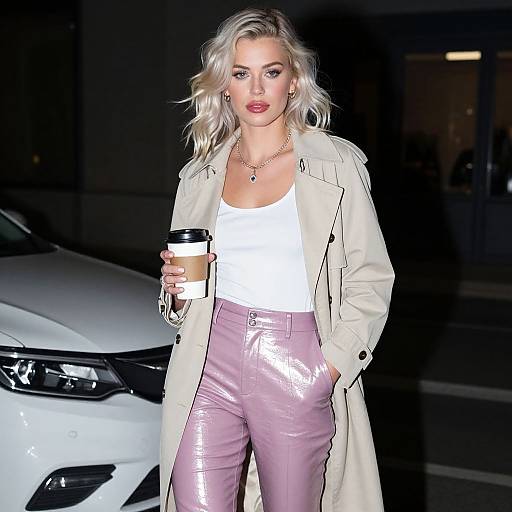 Stylish Woman in Beige Trench Coat and Lavender Pants Holding Coffee Cup at Night