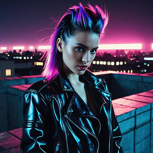 Cyberpunk Woman with Neon Hair and Leather Jacket on Rooftop at Night