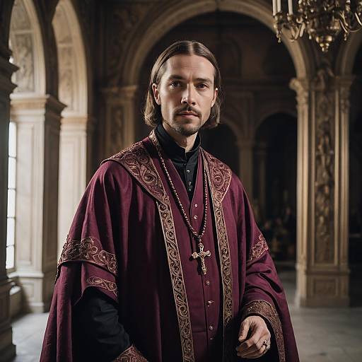Man in Ornate Ecclesiastical Robes in Historic Cathedral