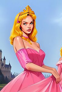 Regal Woman in Pink Gown with Castle Background