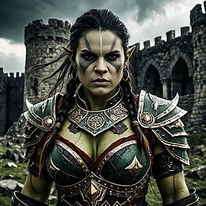 Fierce Green-Skinned Woman Warrior in Armor