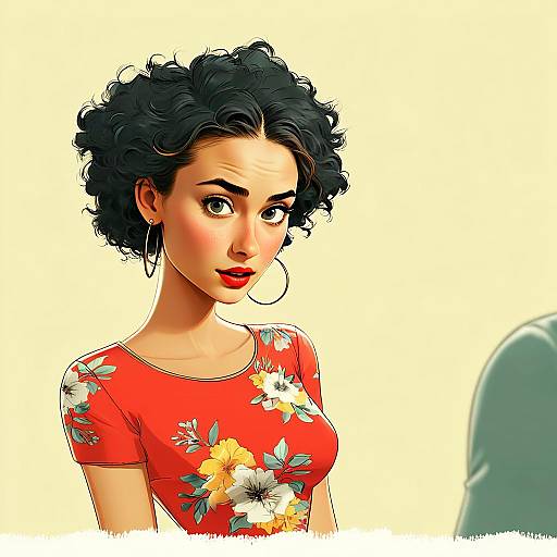Curly Haired Woman in Red Floral Dress Digital Portrait Illustration