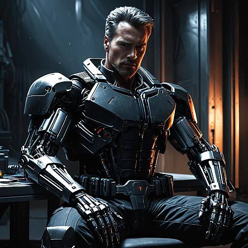 The Terminator Model 101 Cybernetic Soldier Recharging in Shadows