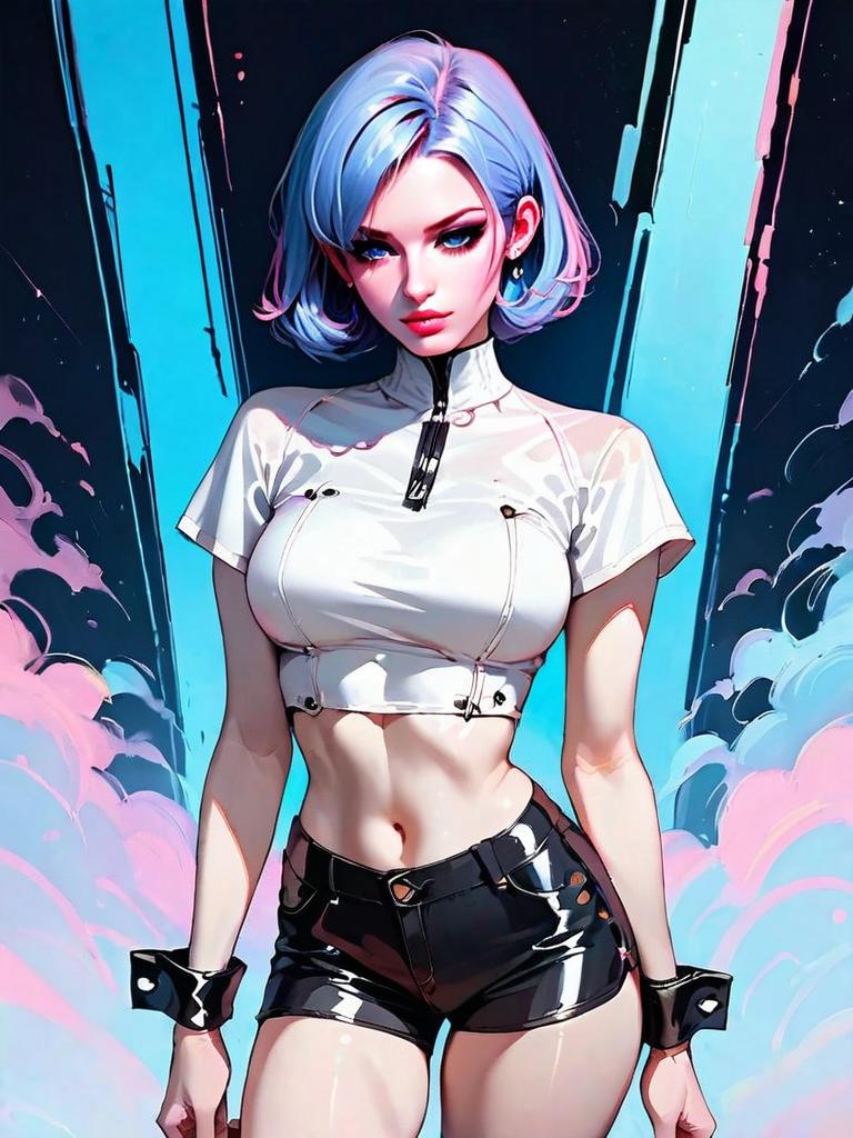 Futuristic Woman with Blue Hair in Cyberpunk Nighttime Scene