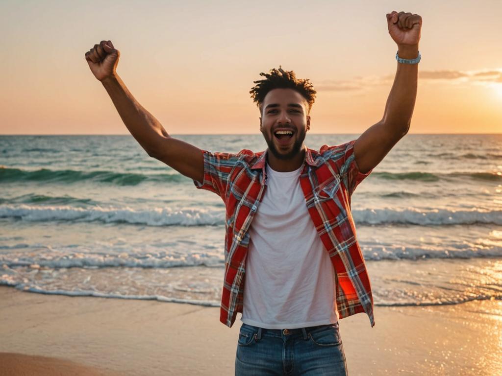 Jubilant man celebrating victory over unhealthy eating