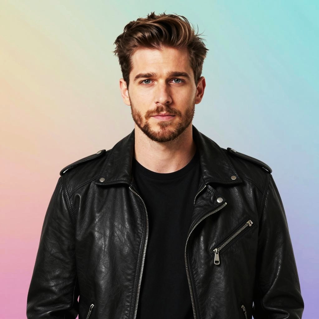Stylish Gen Z Man in Black Leather Jacket Against Gradient Background