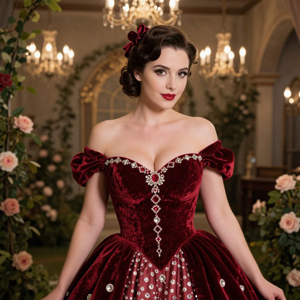Elegant Woman in Vintage Red Velvet Jeweled Gown in Classic Setting