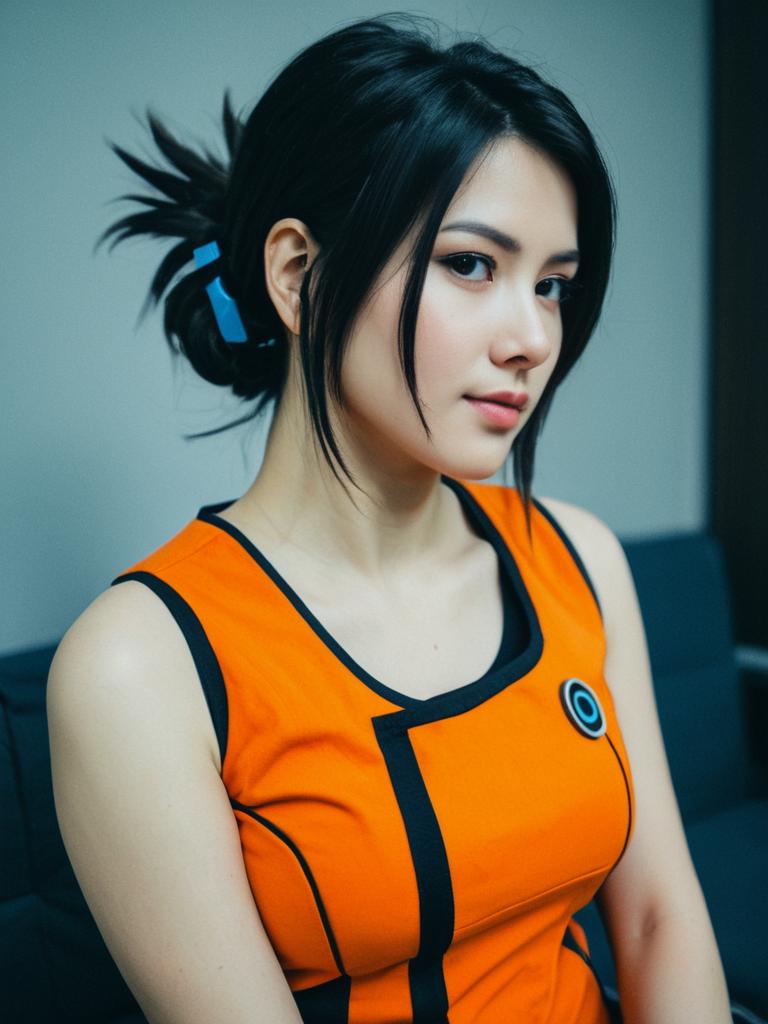 Realistic Photo of Woman in Chell Cosplay Costume from Portal