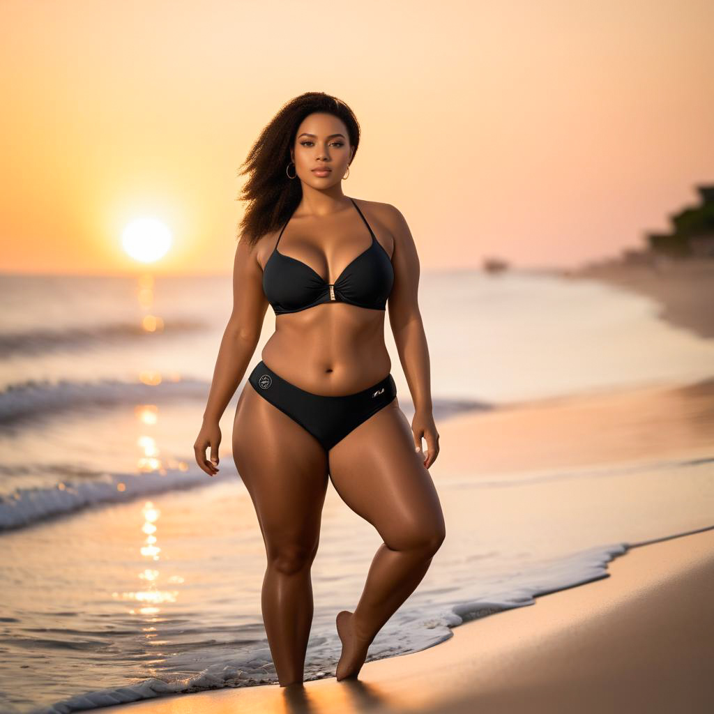 Confident Woman in Black Bikini at Sunset Beach