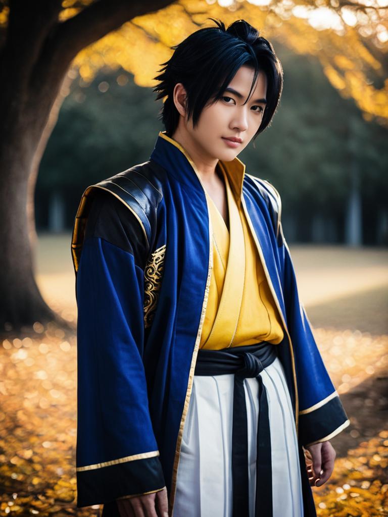 Man Cosplay Wearing Ryo Hazuki Costume in Realistic Autumn Setting
