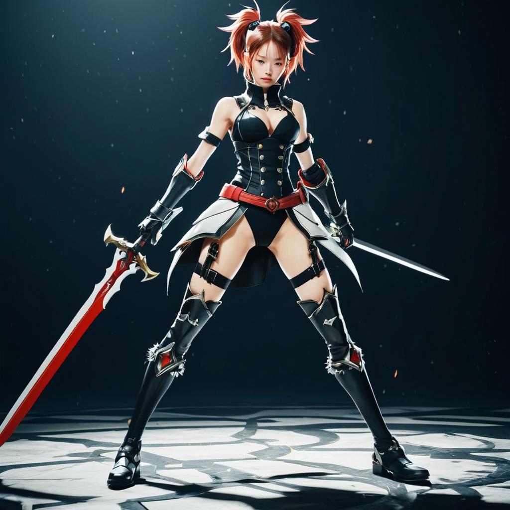 Realistic Anime Style Woman Warrior with Dual Swords and Red Twin-Tails