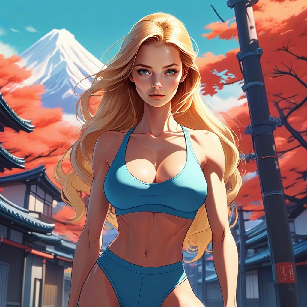 Fit Blonde Woman in Blue Sports Outfit in Japanese Autumn Landscape