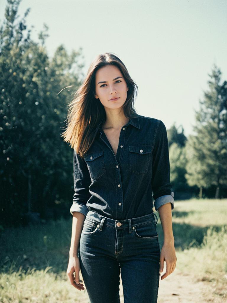 Woman in Black Jeans with Shirt Outdoor Photorealistic Portrait