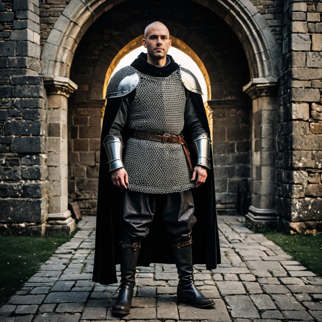 Medieval Knight in Chainmail Armor Standing in Castle Archway