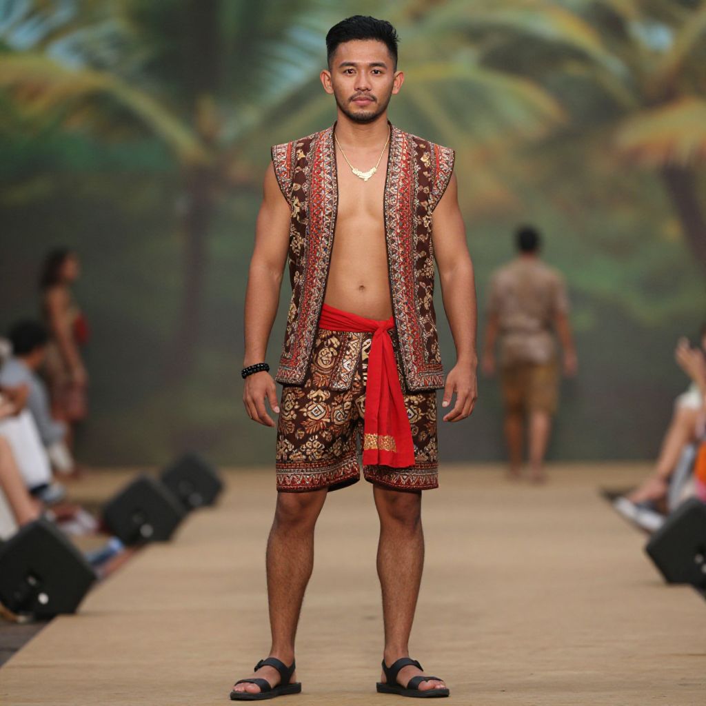 Male Model Wearing Traditional Embroidered Vest and Shorts on Runway