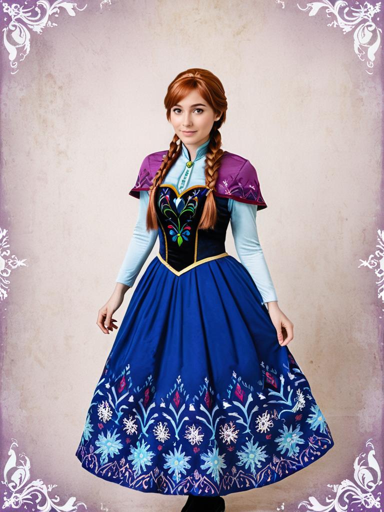 Woman in Traditional Costume with Blue Dress and Purple Capelet