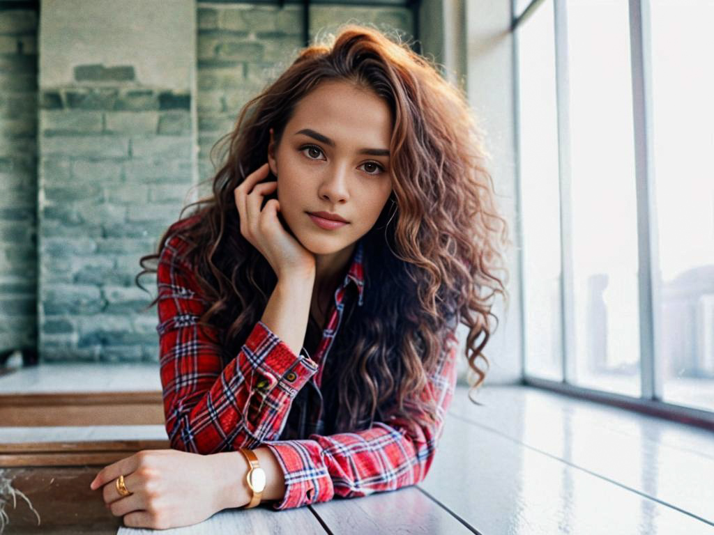 Thoughtful Young Woman with Curly Hair in Stylish Plaid Shirt