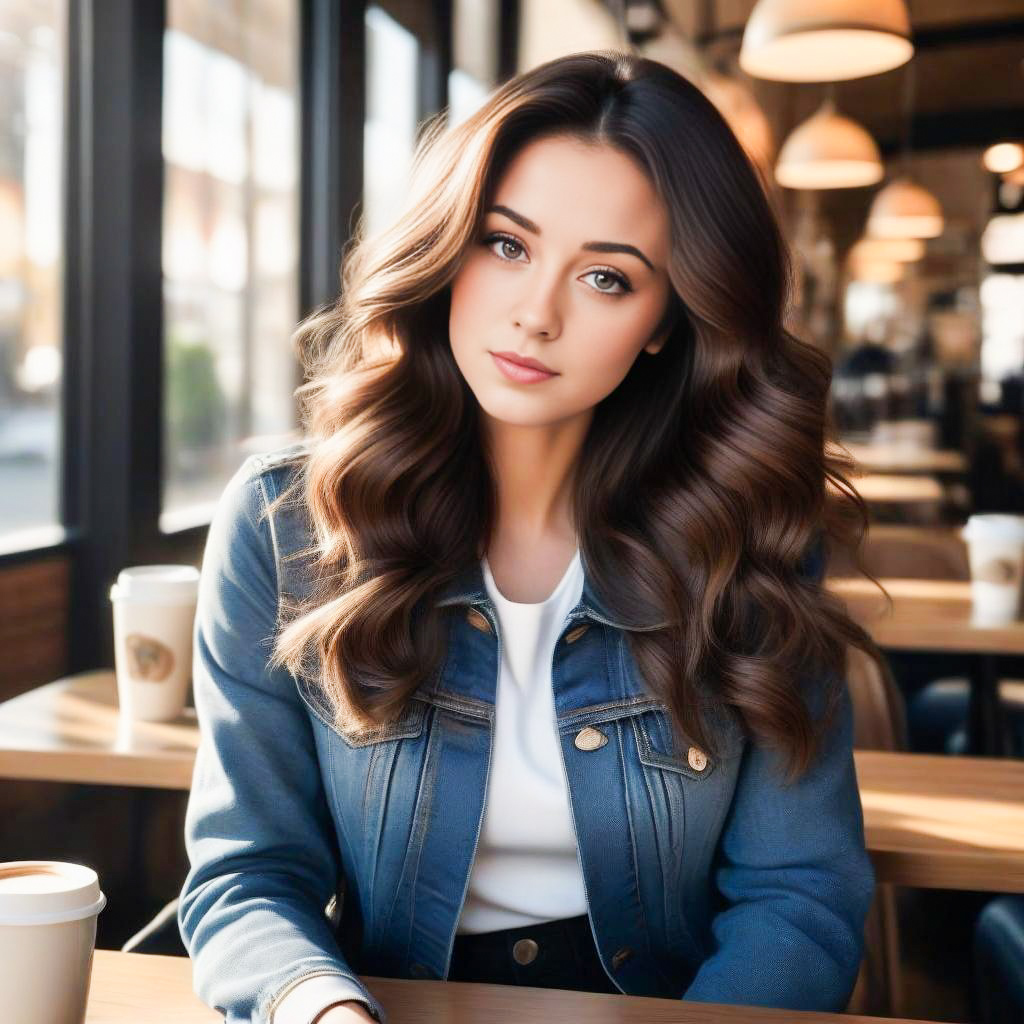 Young Woman in Denim Jacket at Modern Café Young Woman in Denim Jacket at Modern Café