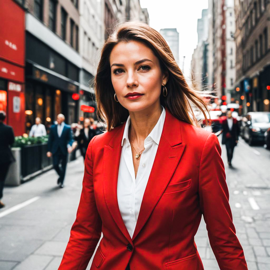 Confident Woman in Red Suit - Urban Professionalism