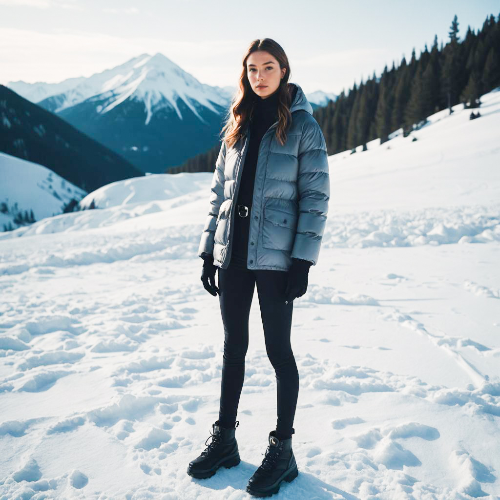 Young Woman in Stylish Winter Fashion in Snowy Landscape