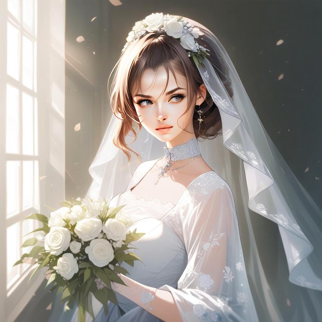 Elegant Bride in White Gown with Roses