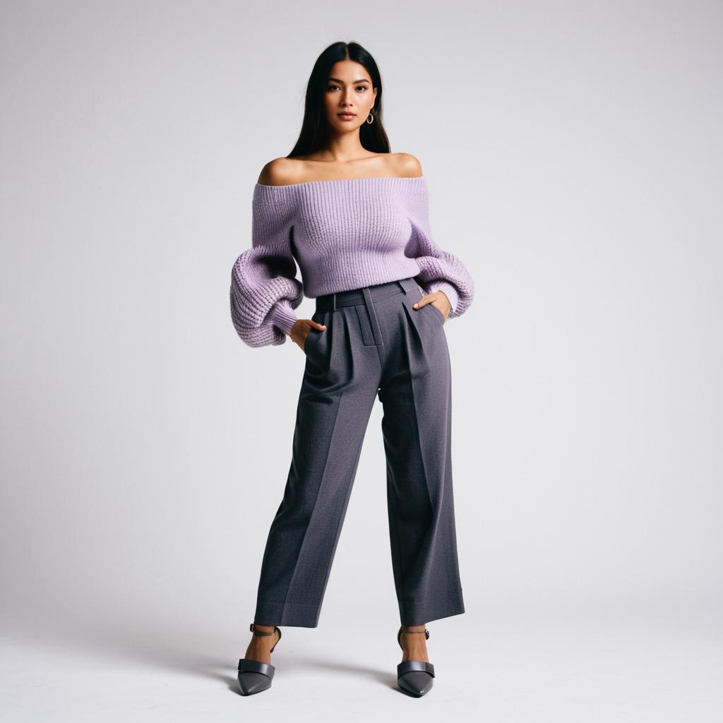 Confident Woman in Lavender Off-Shoulder Sweater and Gray Trousers Studio Portrait