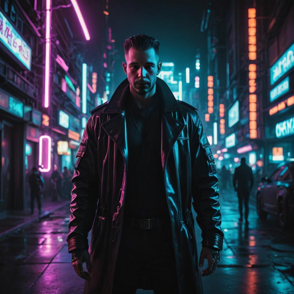 Cyberpunk Man on Neon-Lit Street