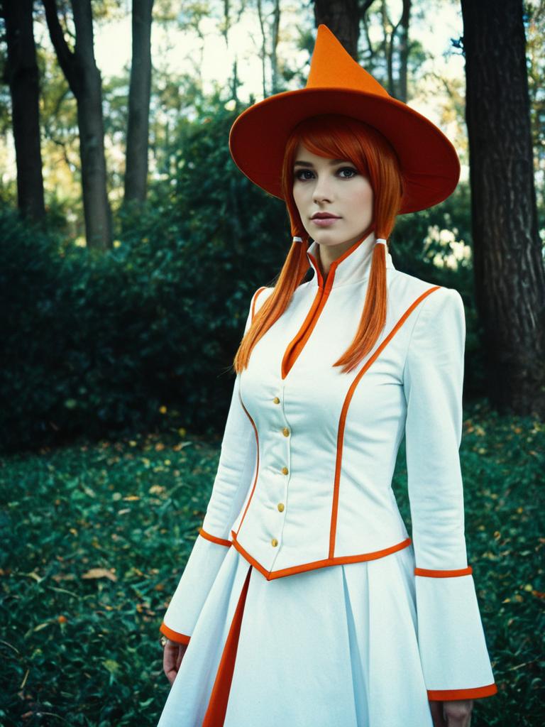 Sexy Cosplay Woman in Mylene Flare Jenius Costume with Orange Witch Hat