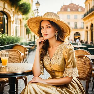 Elegant Woman in Vintage Dress at Outdoor Café