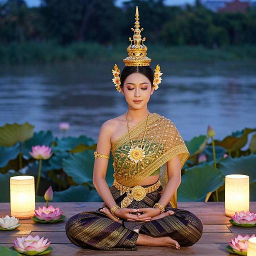 Woman in Traditional Thai Dress Meditating by Lotus Lake