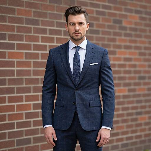Confident Man in Tailored Navy Blue Suit with Tie Standing by Brick Wall