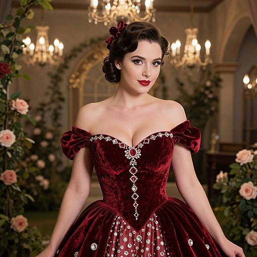 Elegant Woman in Vintage Red Velvet Jeweled Gown in Classic Setting