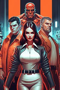 Confident Woman with Muscular Figures in Comic Style
