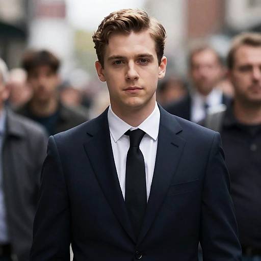 Man in Black Suit and Tie Standing in Crowded Urban Street