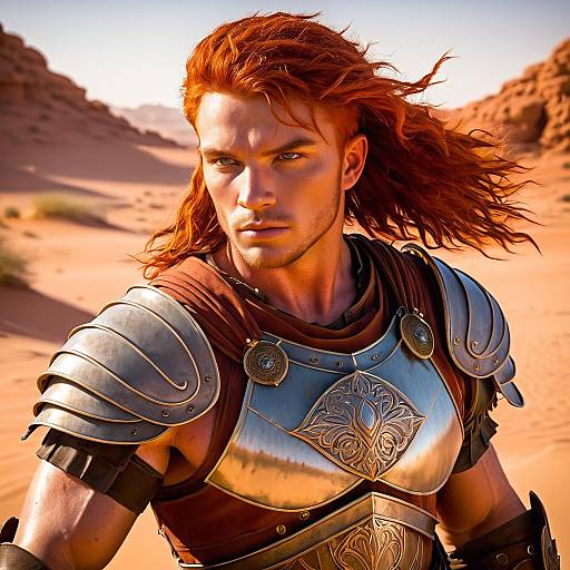Red-Haired Warrior in Detailed Armor Standing in Desert