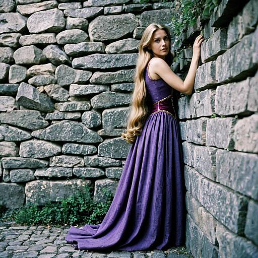 Woman in Purple Rapunzel Dress Leaning Against Stone Wall