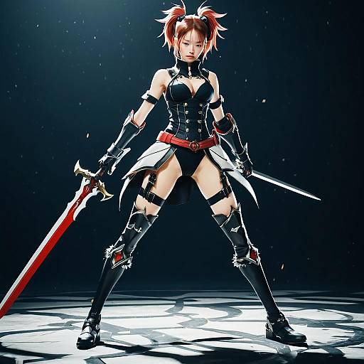 Realistic Anime Style Woman Warrior with Dual Swords and Red Twin-Tails