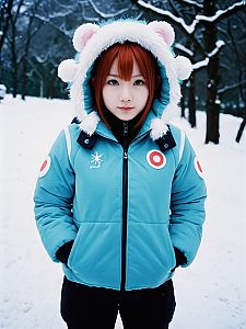 Young Woman in Blue Winter Jacket with Bear Ears Hood in Snowy Landscape