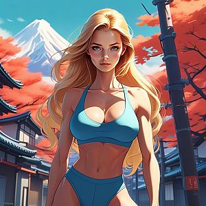 Fit Blonde Woman in Blue Sports Outfit in Japanese Autumn Landscape