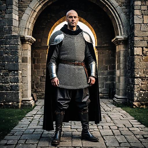 Medieval Knight in Chainmail Armor Standing in Castle Archway