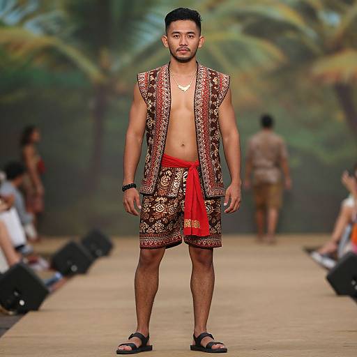 Male Model Wearing Traditional Embroidered Vest and Shorts on Runway